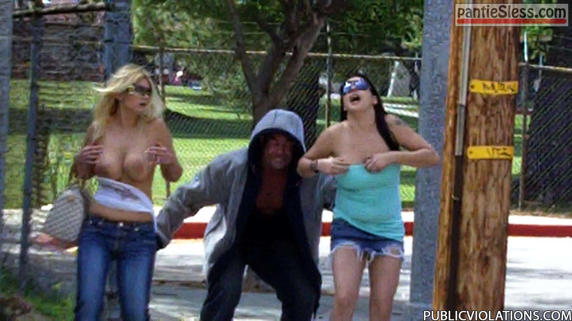 Old perv ripping off tops of two college girl on the street