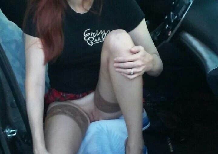 Cute Redhead Wife Flashing From a Car